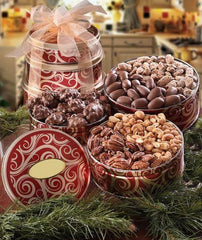 Tower of treats in red and gold tins